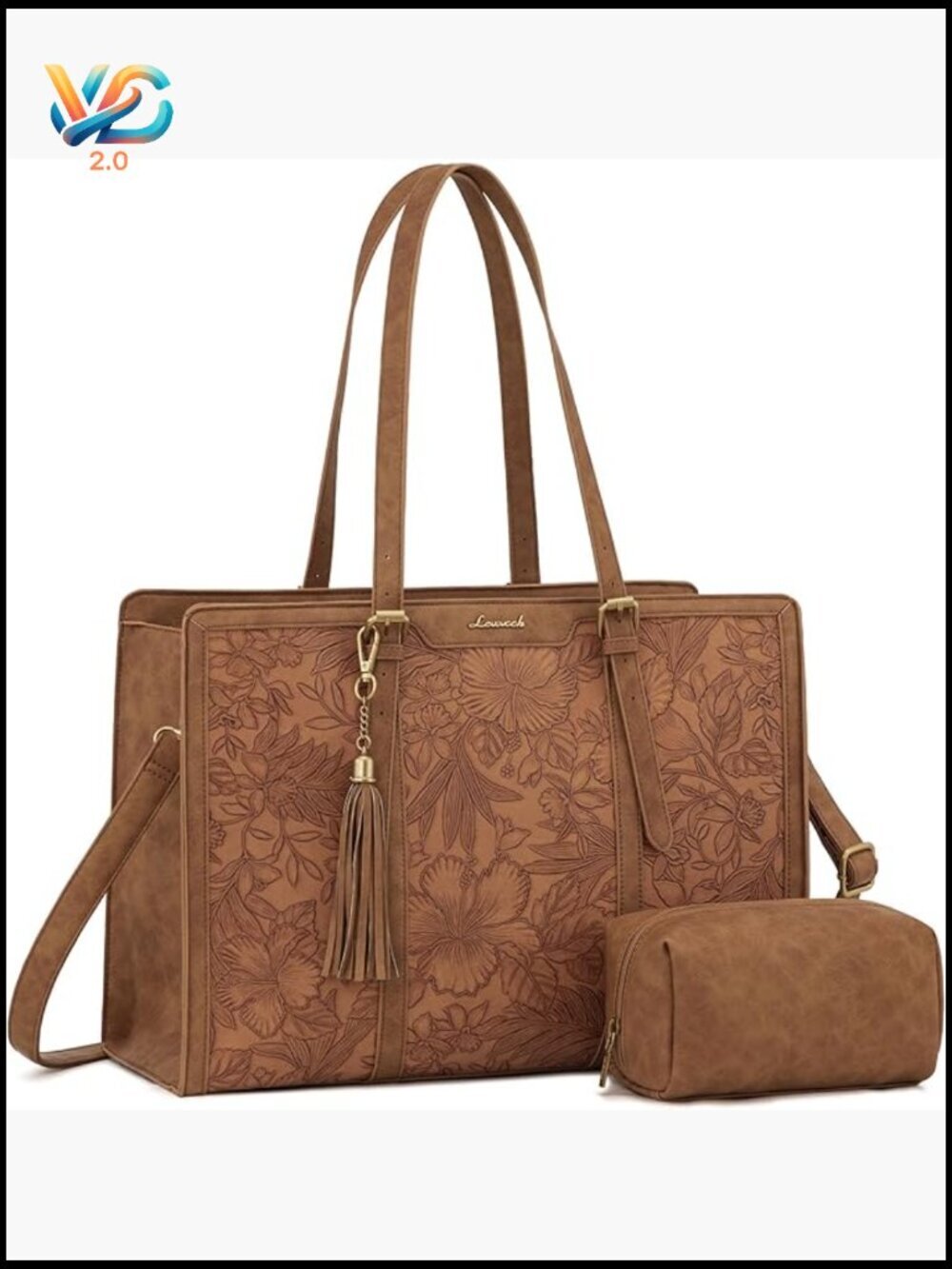 Vintage Leather Laptop Tote Bag 15.6 Inch Work Bag with Clutch